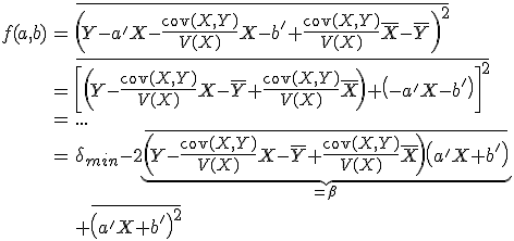 \begin{array}{rcl}
 \\ f(a,b) & = & \displaystyle\overline{\left(Y-a'X-\frac{\mathrm{cov}(X,Y)}{V(X)}X-b'+\frac{\mathrm{cov}(X,Y)}{V(X)}\overline{X}-\overline{Y}\right)^2}\\
 \\ & = & \displaystyle\overline{\left[\left(Y-\frac{\mathrm{cov}(X,Y)}{V(X)}X-\overline{Y}+\frac{\mathrm{cov}(X,Y)}{V(X)}\overline{X}\right)+\left(-a'X-b'\right)\right]^2}\\
 \\ & = & ...\\
 \\ & = & \displaystyle\delta_{min}-2\underbrace{\overline{\left(Y-\frac{\mathrm{cov}(X,Y)}{V(X)}X-\overline{Y}+\frac{\mathrm{cov}(X,Y)}{V(X)}\overline{X}\right)\left(a'X+b' \right)}}_{=\displaystyle\beta}\\
 \\ & & +\overline{\left(a'X+b'\right)^2}
 \\ \end{array}
